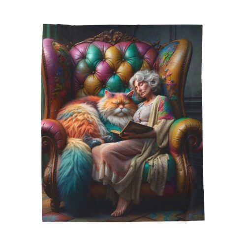 Cozy Cat Reads Plush Blanket - Mabel and Fiona Reading on a Chair - Velveteen Plush Blanket - Ideal for Cat Lovers and Book Lovers